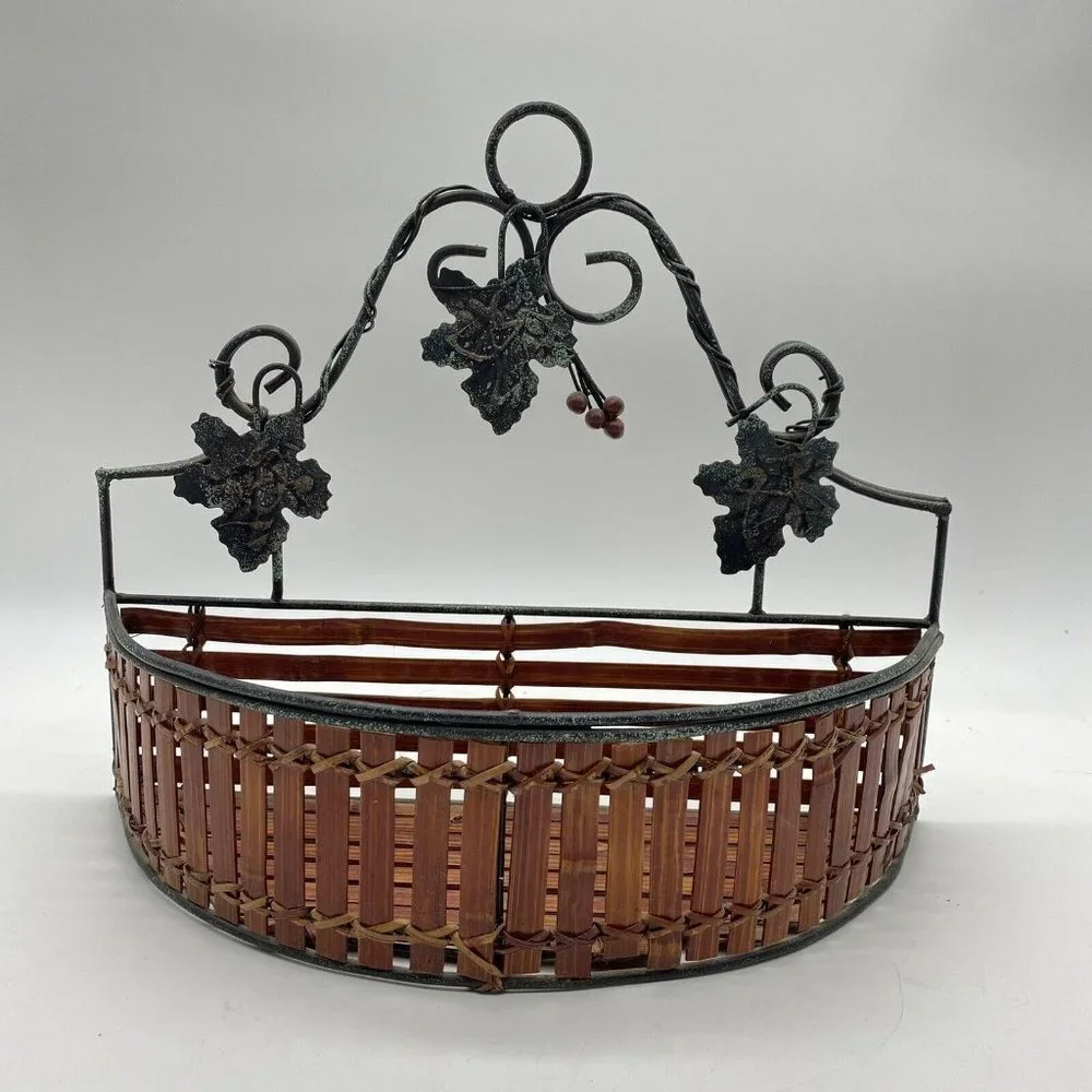 Wall Pocket Basket Semicircle Wood‎ Slat Metal Grape Leaf Scroll French Country